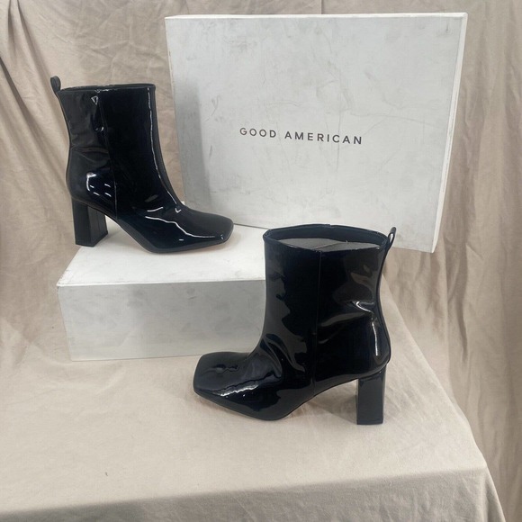 Good American Ankle Boot Women's 7 Black‎ Patent Leather Square Toe Square Heel - Picture 1 of 8